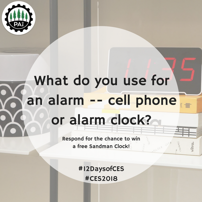 paltoinnovation's tweet photo. Start 2018 off right by winning a Sandman! Just answer the following question: What do you use for an alarm -- cell phone or alarm clock? (winners must be attending CES to pick up their Sandman Clock at our booth) #12DaysOfCES #CES2018 #Giveaway https://t.co/z7xfxcTQvj