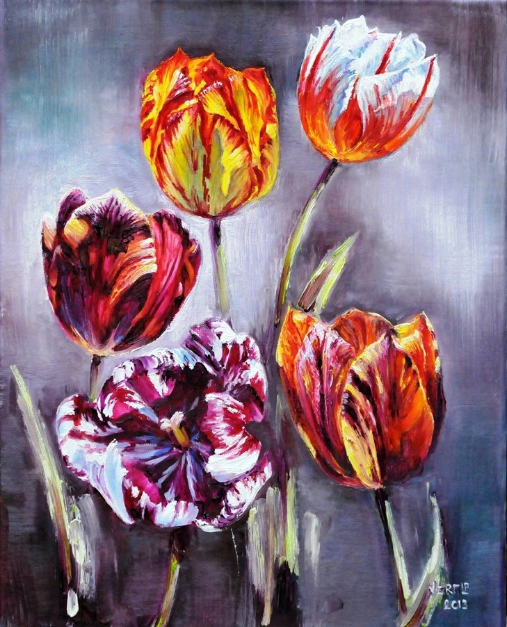 Tulip_Facts's tweet photo. It's December 31, and a New Year is coming! Today's post is a piece of #Tulip art that reminded us of fireworks bursting off the page. This painting is called "Broken Tulips" and is by Vera Cauwenberghs (https://t.co/2tdjJN0twP) - we hope you enjoy! https://t.co/RL7AfMlb4p