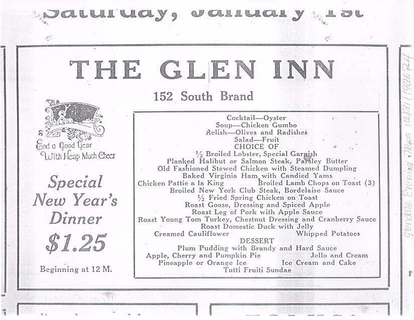 Menu from the Glen Inn