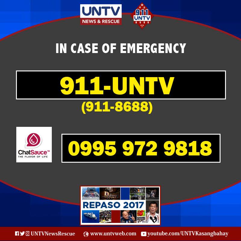 UNTVNewsRescue's tweet photo. IN CASE OF EMERGENCY:

Dial 911-8688 or 0995 972 9818 (Chatsauce)

#UNTVRepaso2017 https://t.co/1c7eFqANb0