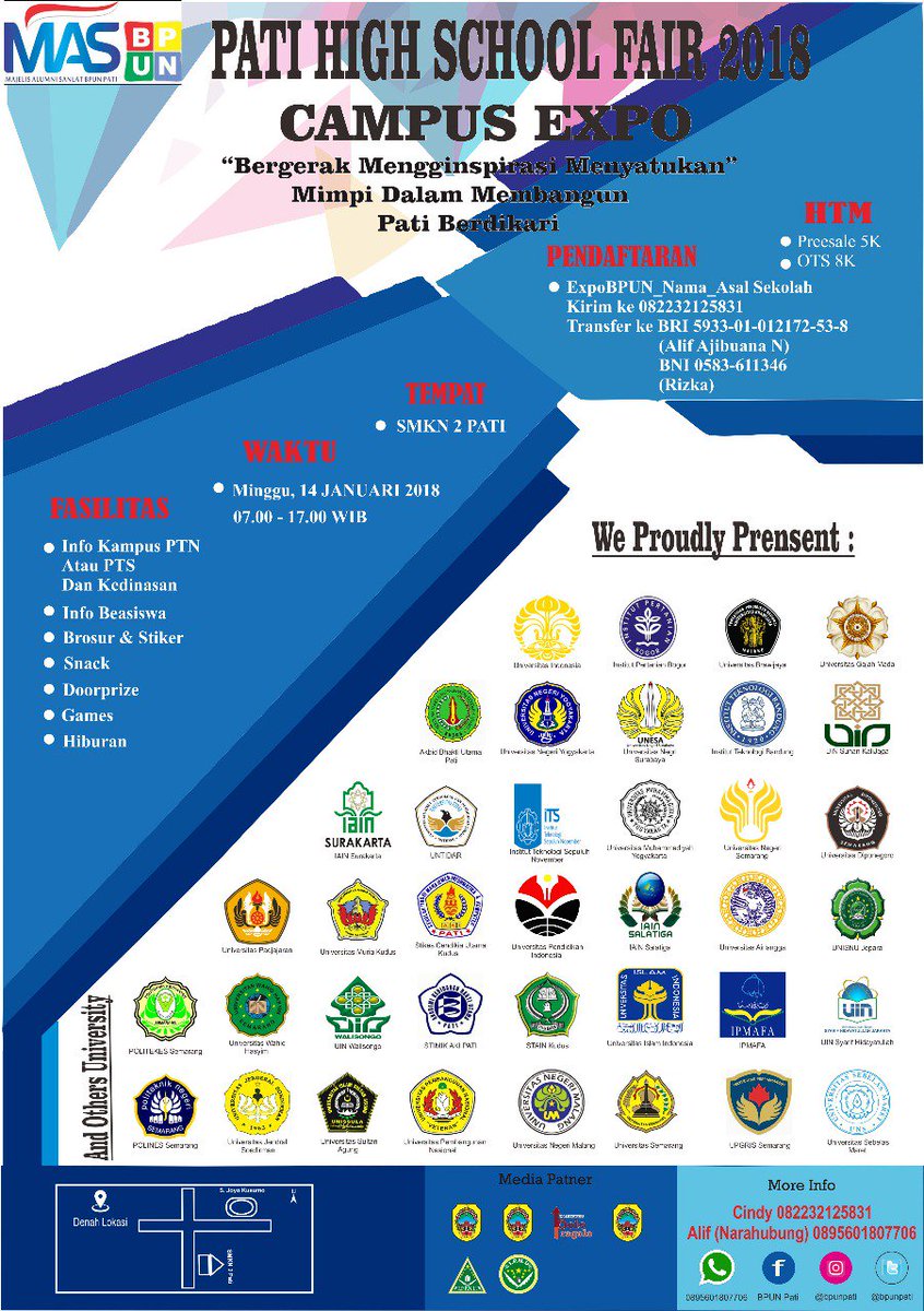 BPUNPATI's tweet photo. Hallo...😊
Datang dan ikuti acara besar HIGH SCHOOL FAIR BPUN Pati 2018 🎓

Disini kalian akan dapatkan banyak informasi seputar perguruan tinggi 😉

So don't miss it guys!!!
#HIGHSCHOOLFAIRBPUN2018
#Bpunpati2018
#optimisbisa https://t.co/FYgxx3IHVR