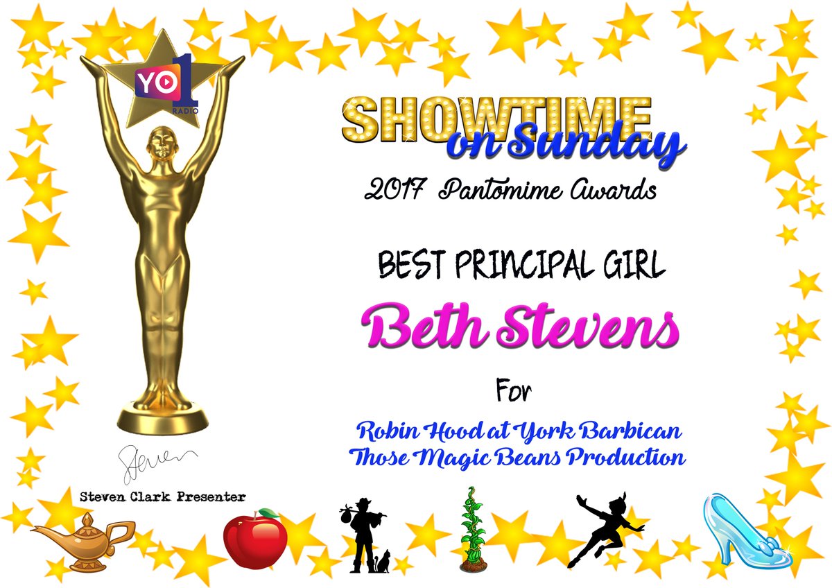 AWARD 25: BEST PRINCIPAL GIRL in 2017 <a href="/thisisyo1/">YO1 Radio</a> PANTOMIME AWARDS goes to @bethstevensxo in <a href="/yorkbarbican/">York Barbican</a> @BarbicanPanto <a href="/benadamsuk/">Ben Adams</a> @AnnaKumble @LesGranthamReal @ThoseMagicBeans Congratulations!