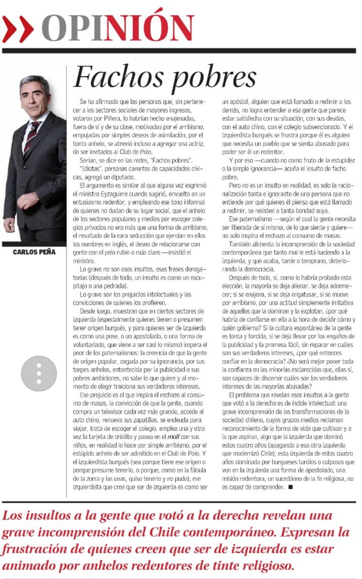 pablolirar's tweet photo. Que buena frase de Carlos Peña:"Y el izquierdista burgués se frustra porque él es alguien que necesita un pueblo que se sienta abusado para poder ser él un redentor". https://t.co/DDgwymF6PO