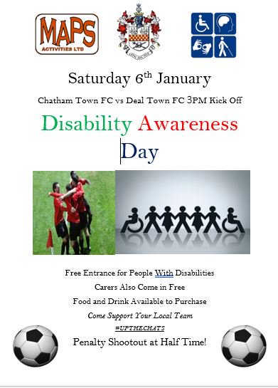 maps61's tweet photo. Next Home Match @ChathamTownFC v @DealTownFC Saturday 6th January 2018 3pm . This is FREE to anyone with a disability, including carers, wanting you to feel welcome ! Help decide #manofmatch #inclusiveday. Please pass this on to anyone you feel would benefit or bring them along https://t.co/ayl5jI26jX
