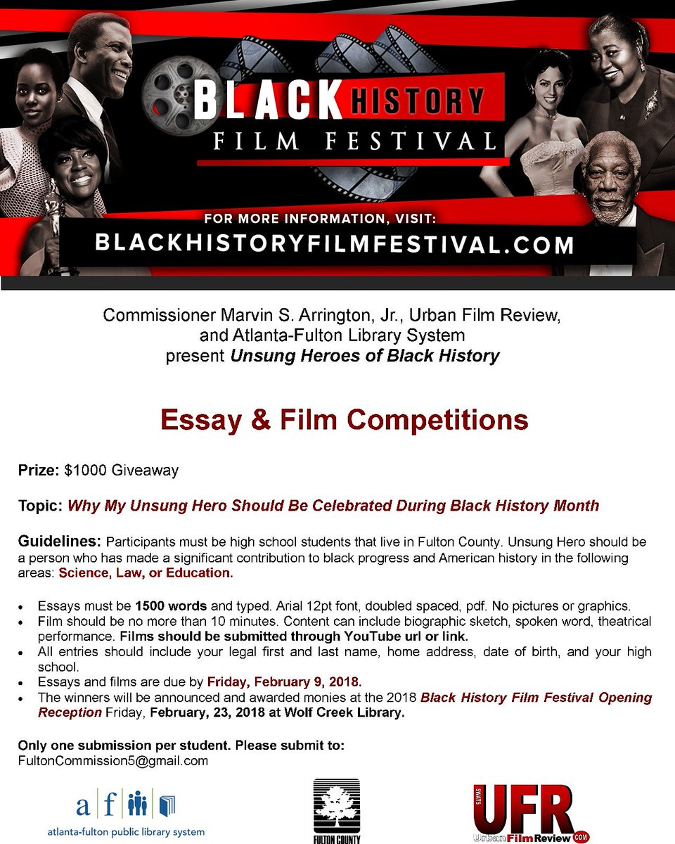 urbanfilmreview's tweet photo. @marvinarrington @FultonComm5 @afpls @WolfCreekFriend @FriendWCLibrary @LammanRucker present 2018 @blkhistfilmfest essay &amp; Film Competition for high school and college students. https://t.co/NnqqcDRtkx #bhff #bhffatlanta https://t.co/WLhtMql6rT
