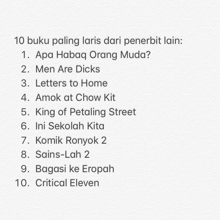 KedaiFixi's tweet photo. 10 Bestseller dari penerbit lain sepanjang minggu ini. Terima kasih! @DuBookPress @NeonTerbit @mataharibooks @FixiLondon @ThukulCetak @komikmaple @rumahlipurlara @LejenPress https://t.co/u4BO8c9R0v