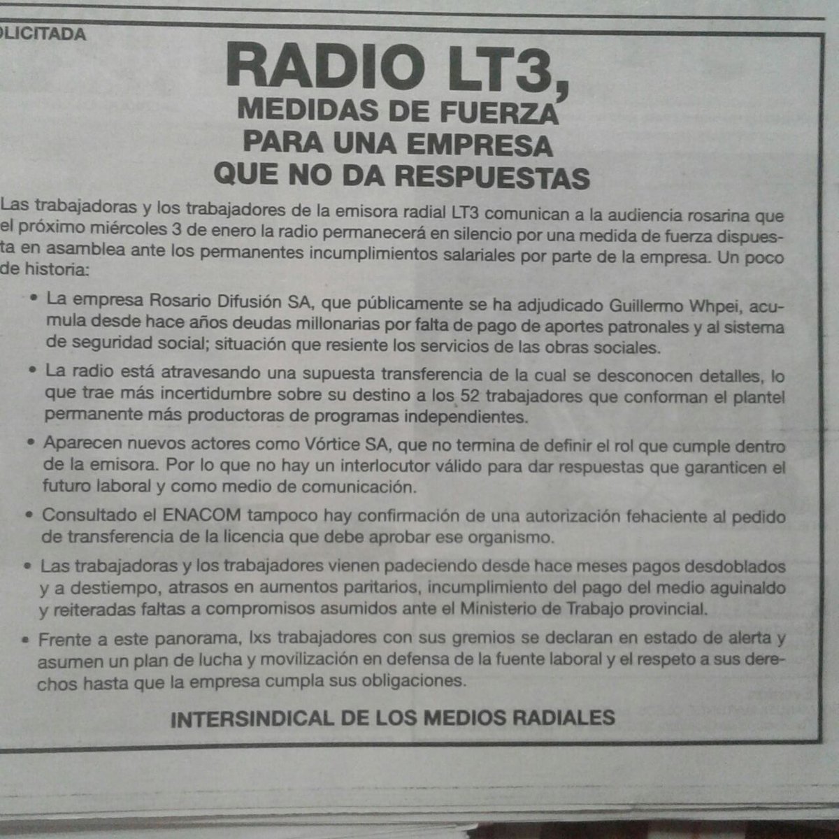 fermolinaok's tweet photo. Hoy en @lacapital se refleja la lucha de los trabajadores de @lt3am680 | @AATRACRosario @spr_prensa #SALocutores @GATOGRECO @PCKassabian @DanielAleart @tincholucero @Yojuanjunco @Marengol9 @interradial @NicoFilomeno @LeoRegoli @elciudadanoweb @golgigli @DanielaCattaneo @dhfiori https://t.co/h5jHPLD9q6