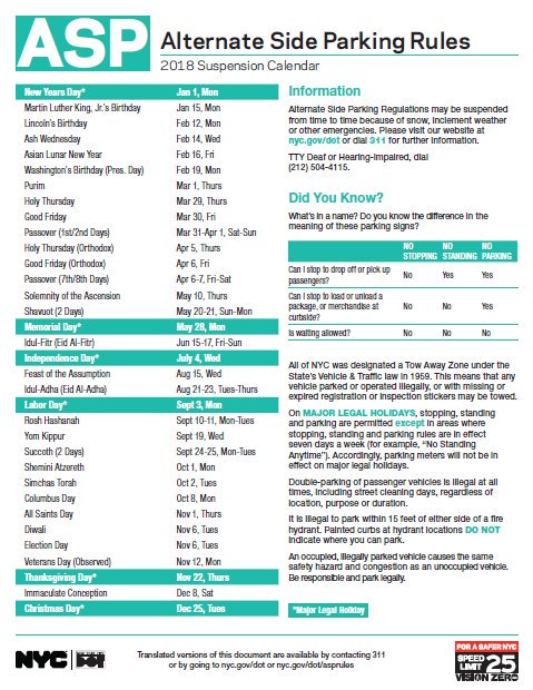 Nyc Alternate Side Parking Calendar 2022 New York City 311 On Twitter: "The @Nycasp Alternate Side Parking  Regulations Suspension Calendar For 2018 Is Available. Download It Here:  Https://T.co/Xtarls5Nbk Https://T.co/Iq2Nhoz51K" / Twitter