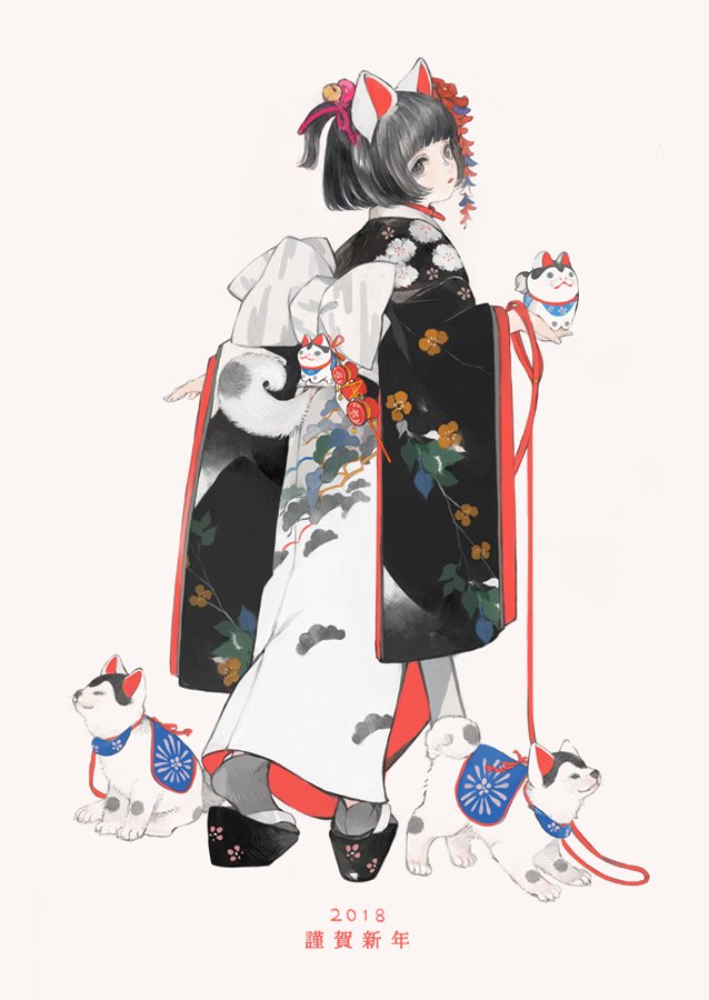 1girl japanese clothes kimono animal ears solo black hair dog ears  illustration images