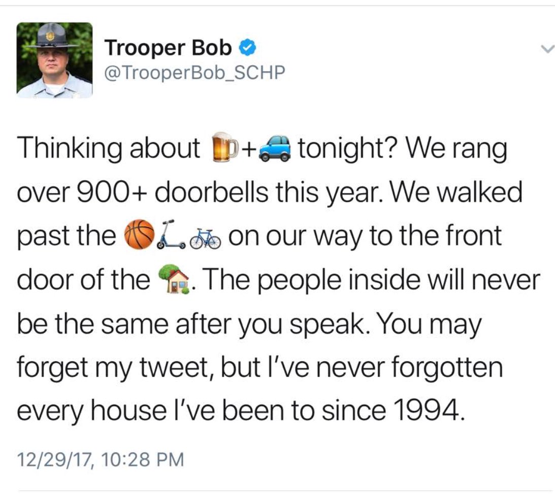 Uberecu's tweet photo. Everybody have fun. But for everybody’s sake don’t let your house be one of the ones that @NCSHP rings a doorbell. #besafe #uberecu #2018 https://t.co/RjKSZSARBi