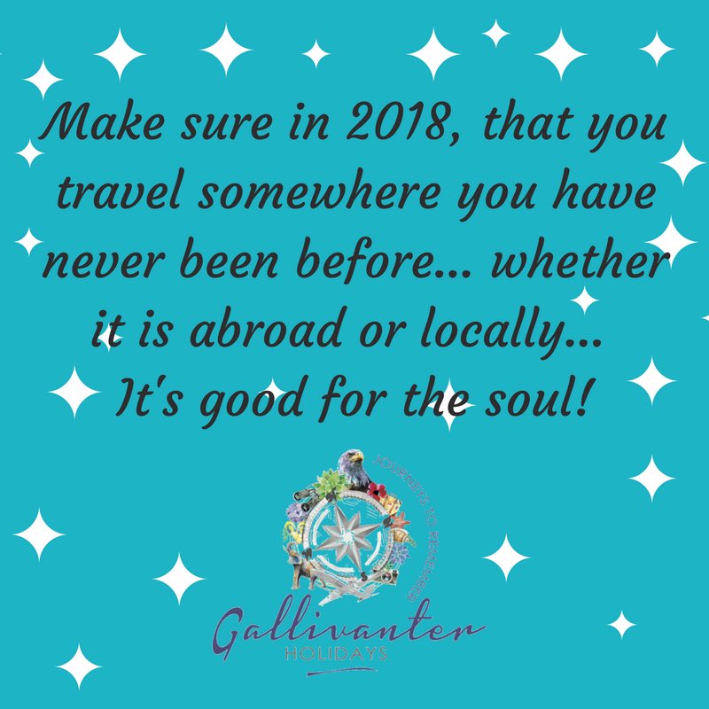 GallivanterH's tweet photo. May your #2018 be #traveltastic for you ...
#HappyNewYear2018 #gallivanterholidays #NewYearsResolution #Motivation #travel #ttot #travelawesome https://t.co/vX1BKG5mCa