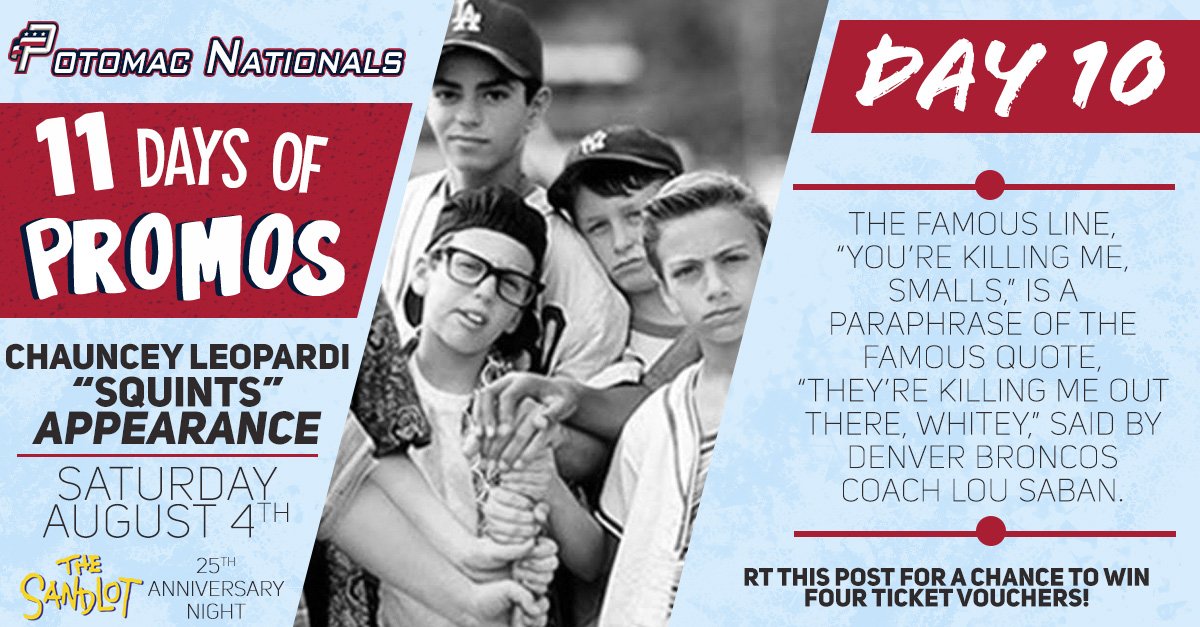 FXBGNats's tweet photo. Today's #11daysofpromos celebrates The Sandlot 25th Anniversary Night- Saturday, August 4th! Features a Squints bobblehead, an appearance from Squints himself, @_squintz and a jersey auction! RT for a chance to win tickets! https://t.co/wLwmAfHzta