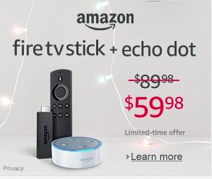 WorkWithLara's tweet photo. Ends today! Save $30 on #Amazon #Fire TV Stick + echo dot! Get both for only $59.98. Details at https://t.co/qfKM2Z66TA #DealOfTheDay #NYE2017 #SundayMorning https://t.co/iYm1CDxpbr