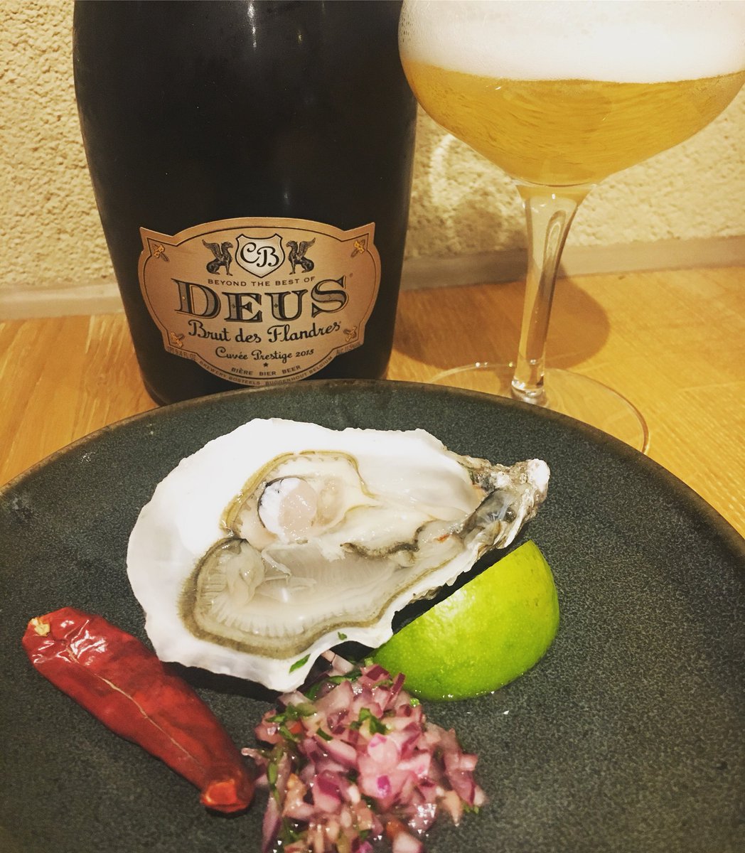 BoomaBrixton's tweet photo. Champagne Beer &amp; Oysters! New Year’s Eve special, Booma style. Market fresh Jersey Oyster with a Vinaigrette of Chili Ginger, Lime, Shallots, and Coriander. Best with a bottle of Deus Brut des Flandres Cuvée Prestige 2015 a the Champagne of Beers. #indianfood #brixton #nye2017 https://t.co/OrDafVs3au