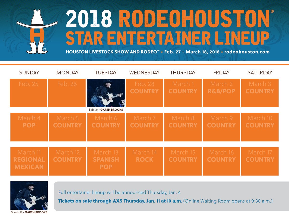 93QCountry's tweet photo. @RODEOHOUSTON announces the full lineup on Thursday! Here's the genre calendar. TWEET us your guess on who is coming to #HLSR! Or better yet, WHO DO YOU WISH TO SEE at rodeo? --- @TheLindaV #RodeoRadio
https://t.co/d7WnNePSUQ https://t.co/VH84Wbg5O0