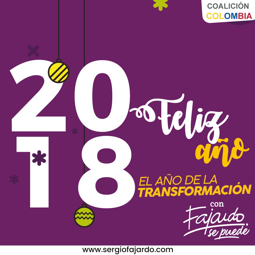 compromisociu's tweet photo. ¡En el #2018 vamos a escribir una nueva página para el país! Será el año de la transformación, la reconciliación y la educación, #SePuede. ¡Feliz año nuevo!🖐️ @sergio_fajardo https://t.co/BdwEsECdau