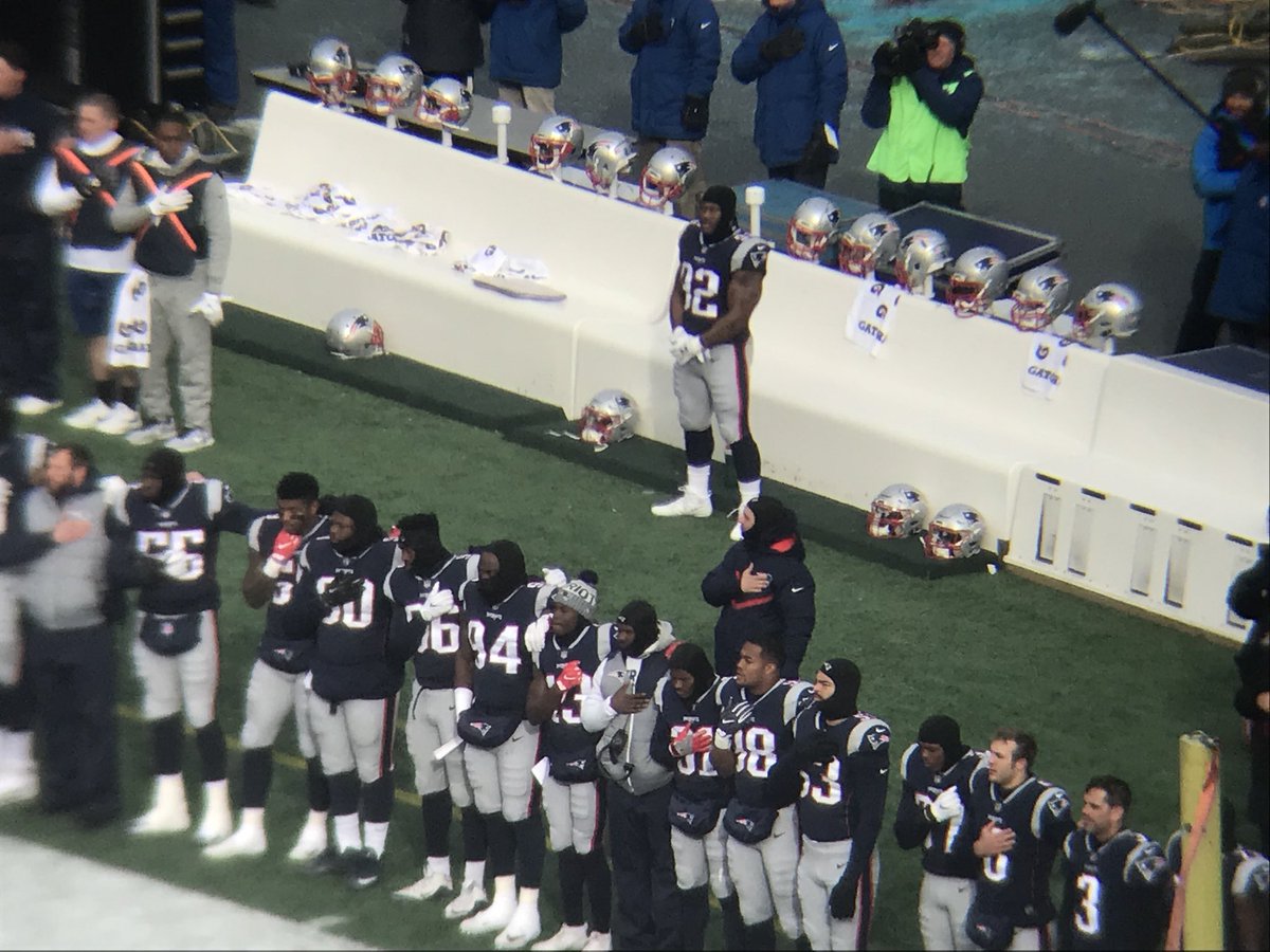 zm_cox's tweet photo. As the Patriots lined up along the sideline for the national anthem, James Harrison stood alone by the bench. https://t.co/X2hPth5aTz