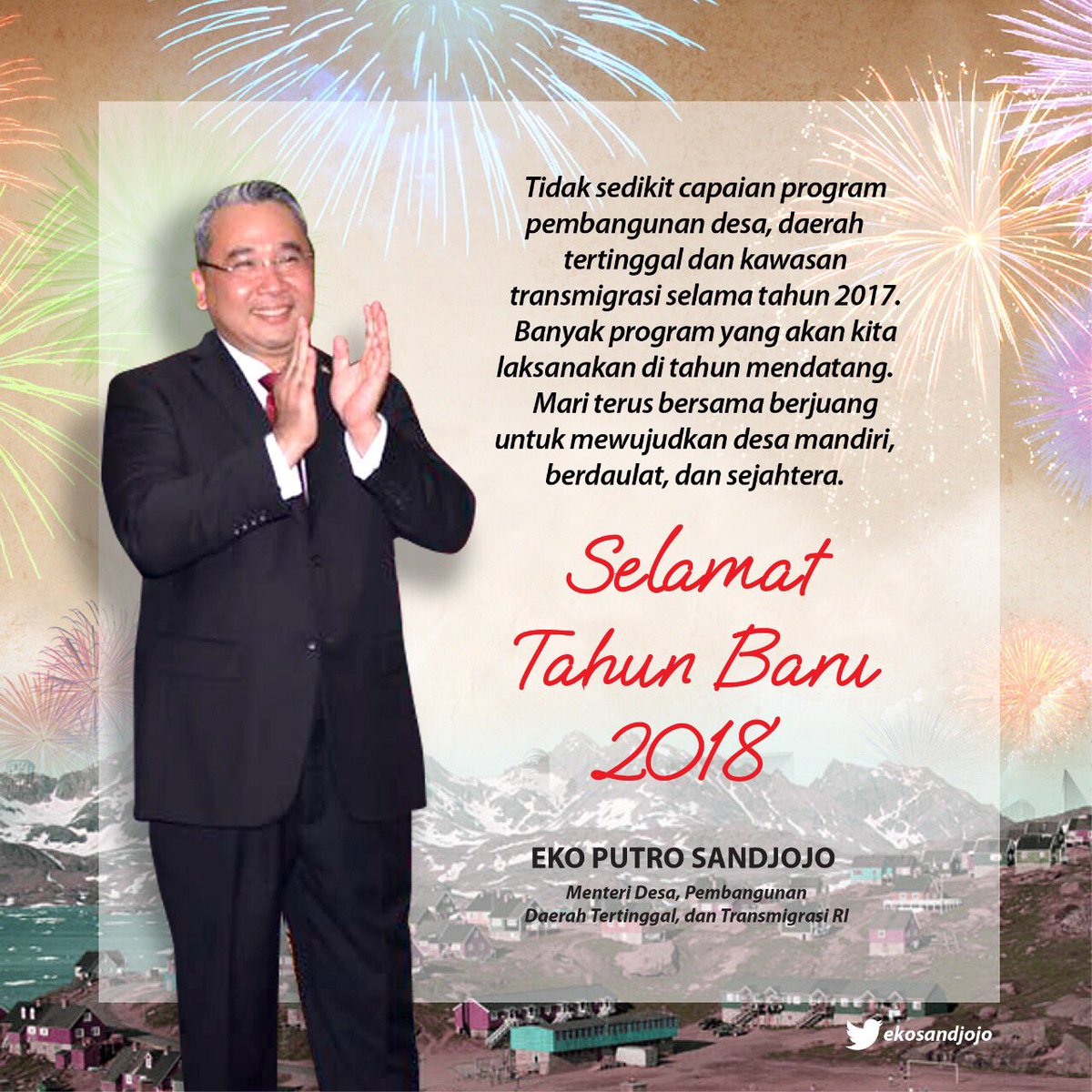 Kepada teman2 semua.Terima kasih atas dedikasi &amp; kerja kerasnya di tahun 2017.Banyak hal yang telah kita capai,namun tentu ada juga yang belum.Mudah2an semuanya bisa menjadi pelajaran kita bersama untuk menjadi lebih baik di tahun 2018.Happy new year and wish you all the best....