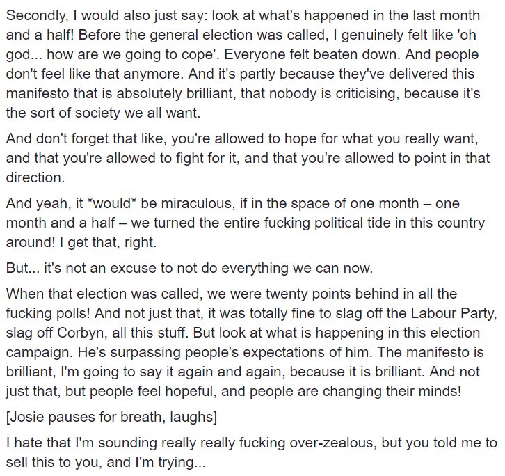 danhancox's tweet photo. superb, passionate @JosieLong monologue on @agitpod_ with ten days to go, capturing the incredible momentum of the campaign https://t.co/P9iMOJQPMX https://t.co/i4UVUa90Yp