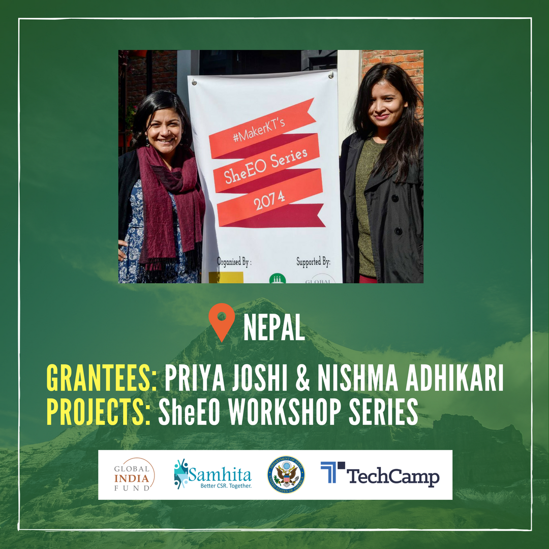 globalindiafund's tweet photo. Our second project winners were Priya Joshi &amp; @adhikarinishma!
@globalindiafund &amp; @SamhitaDotOrg are excited to work with Priya &amp; Nishma on their project- SheEO Workshop Series, which aims to empower budding female entrepreneurs. 
Follow their progress!
https://t.co/qK8ot7j68a https://t.co/F1e8vlyQn5