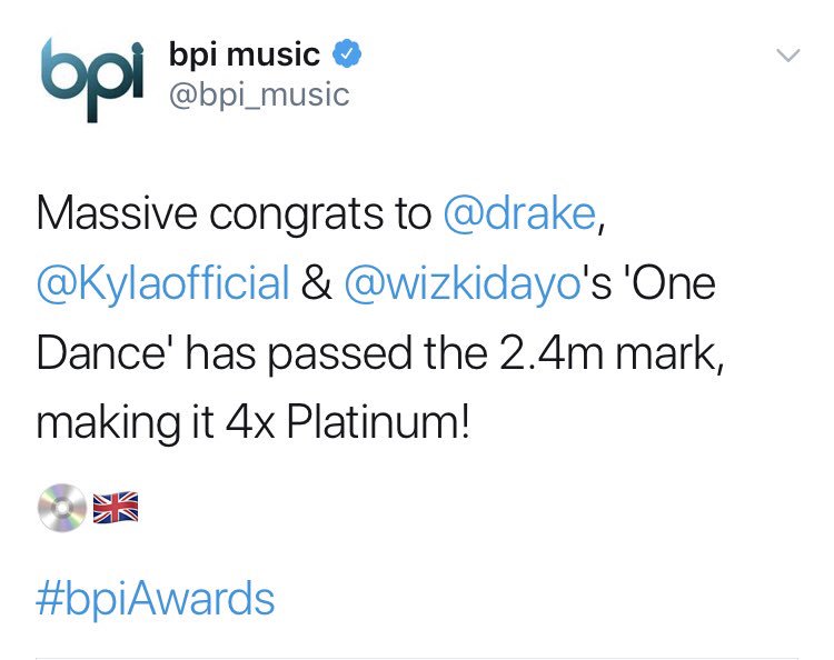 “One Dance” was certified 4x platinum in the United Kingdom, making Wizkid the first African-based artist to go multi platinum there.