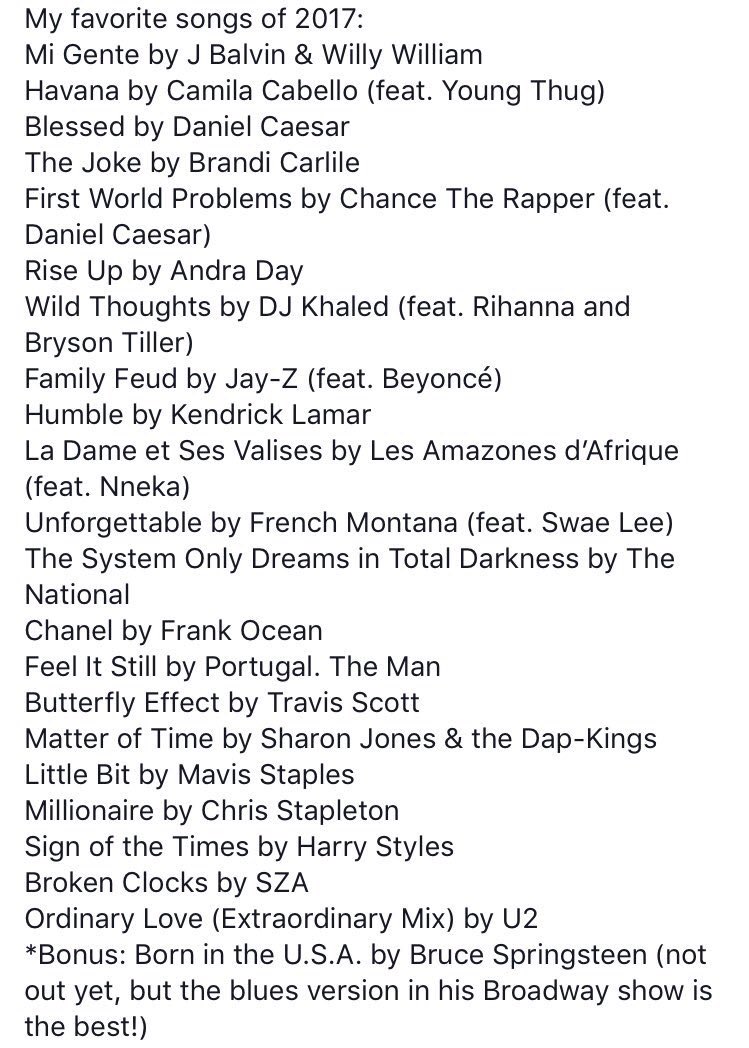 PopCrave's tweet photo. President Obama lists Havana, Mi Gente, Wild Thoughts, Sign of the Times, Broken Clocks, Feel It Still and more as his favorite songs of 2017. https://t.co/KXXsKgT9rm
