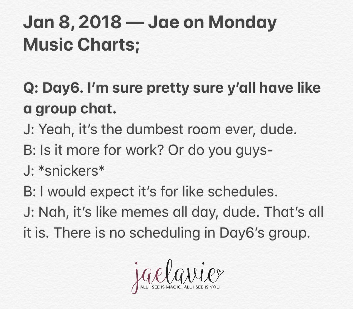 Coffee Voteday6formama On Twitter Jan 8 2018 Jae On Monday Music Charts Day6 S Group Chat Download as pdf and watch all the videos of the chart. jae on monday music charts