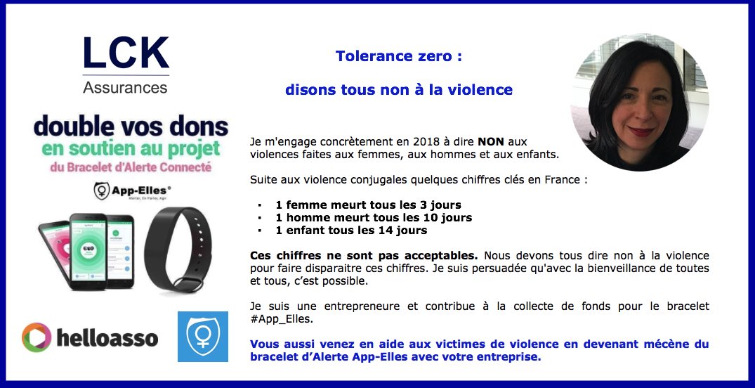 karinelazimi's tweet photo. 📍Je m'engage concrètement en 2018 à dire NON aux #violencesfaitesauxfemmes avec @LCKAssurances ▶️ https://t.co/UUpQw871Y9 #NeRienLaisserPasser
#ToleranceZero : disons tous NON à la violence avec @app_elles @helloasso @DiataResonantes #App_Elles #Crowdfunding #Financement https://t.co/doW9IoGrNi
