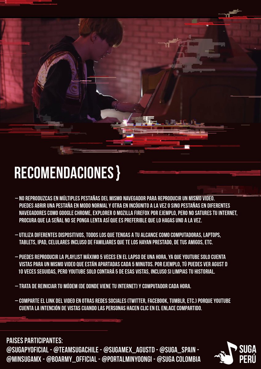 TeamSugaChile's tweet photo. 📣 PROYECTO CUMPLEAÑOS #SUGA
🎵REPRODUCCIÓN MASIVA MV's

Necesitamos la ayuda de tod@s l@s #ARMY para lograr esta meta. La reproducción es diaria 💪

Playlist de los MV's ➡ https://t.co/VdWb5KDalp

@BTS_twt #방탄소년단 #BTS #슈가 #SUGA #민윤기 #MinYoonGi https://t.co/9xtIBERfCJ