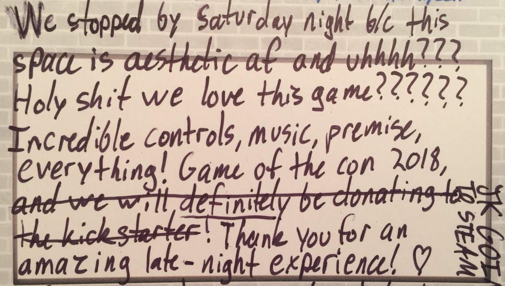 GossamerGames's tweet photo. One LAST @MAGFest tweet:

Special shoutout to the anonymous visitor who left this super lovely message for us overnight.

If we had a fridge, we’d pin it up there forever ❤️❤️❤️
#MIVS #magfest2018 #indiedev https://t.co/M5B3KlIQqb