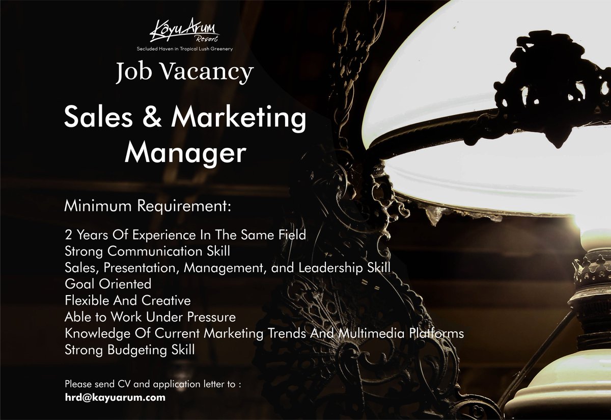 Kami masih membuka kesempatan bagi Anda untuk bergabung bersama Kayu Arum Resort
.
Silakan mengirimkan surat lamaran beserta kelengkapannya melalui email yang tertera
.
hrd@kayuarum.com
.
#kayuarumresort
#salatiga
#centraljava
#indonesia
#jobvacancy