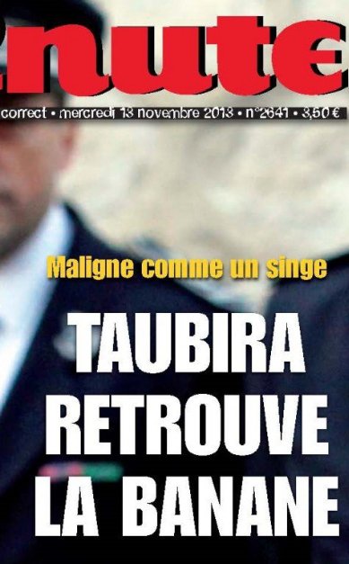 Extrait de la couverture de minute 2013 titré Maligne comme un singe Taubira retrouve la banane