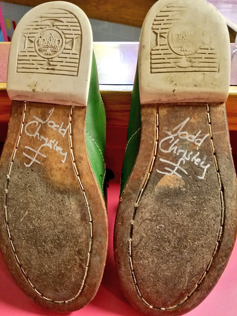 A very cool piece in The Donelson Bowl collection... Todd Chrisley's bowling shoes and he signed them. I think we can say that on the day he signed these it was "Chrisley Bowls Best".  <a href="/toddchrisley/">Todd Chrisley</a> <a href="/JulieChrisley/">Julie Chrisley</a>