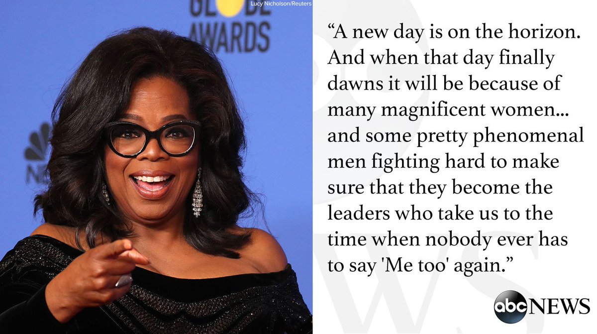 Oprah Winfrey passionately accepts Cecil B. DeMille Award at the #GoldenGlobes. "A new day is on the horizon..." abcn.ws/2qC273M