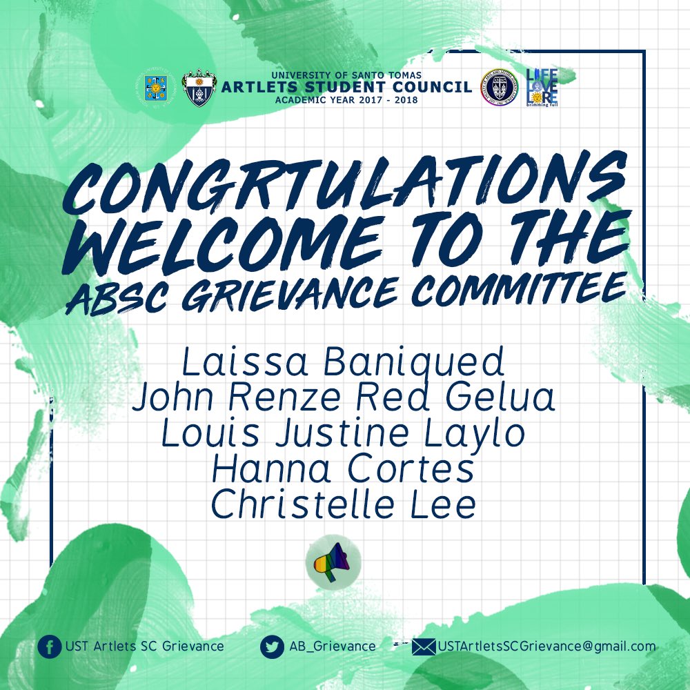 After much deliberation, here are the new Committee Members of the #ABSCGrievance!

Always do everything it takes to serve with passion for the Artlet community.

Congratulations and God bless!

Like us on Facebook:

facebook.com/USTArtletsSCGr…

#AdhikangBahaghari