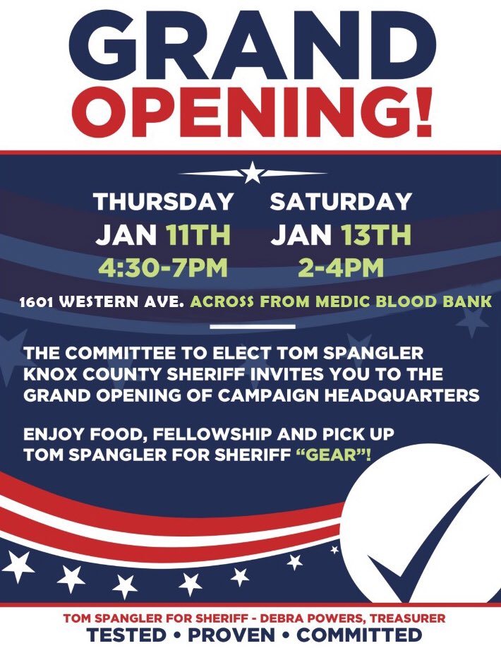 SheriffSpangler's tweet photo. I hope to see you at one of our Grand Opening events!  This is a casual event and you are encouraged to bring a friend or several!  

This is also a great time to fellowship and pick up some Tom Spangler for Sheriff gear! #votespangler2018 #grandopening https://t.co/pEZSLJyu0Z