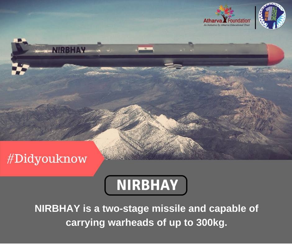 IndiaOneForAll's tweet photo. Nirbhay is a low-range, sub-sonic cruise missile designed and developed in India by the Defense Research and Development Organisation. The missile  is capable of carrying conventional and nuclear warheads.
 #OneForAll  #AtharvaFoundation  #31JanuaryNSCI https://t.co/h3wOrDO7Ik