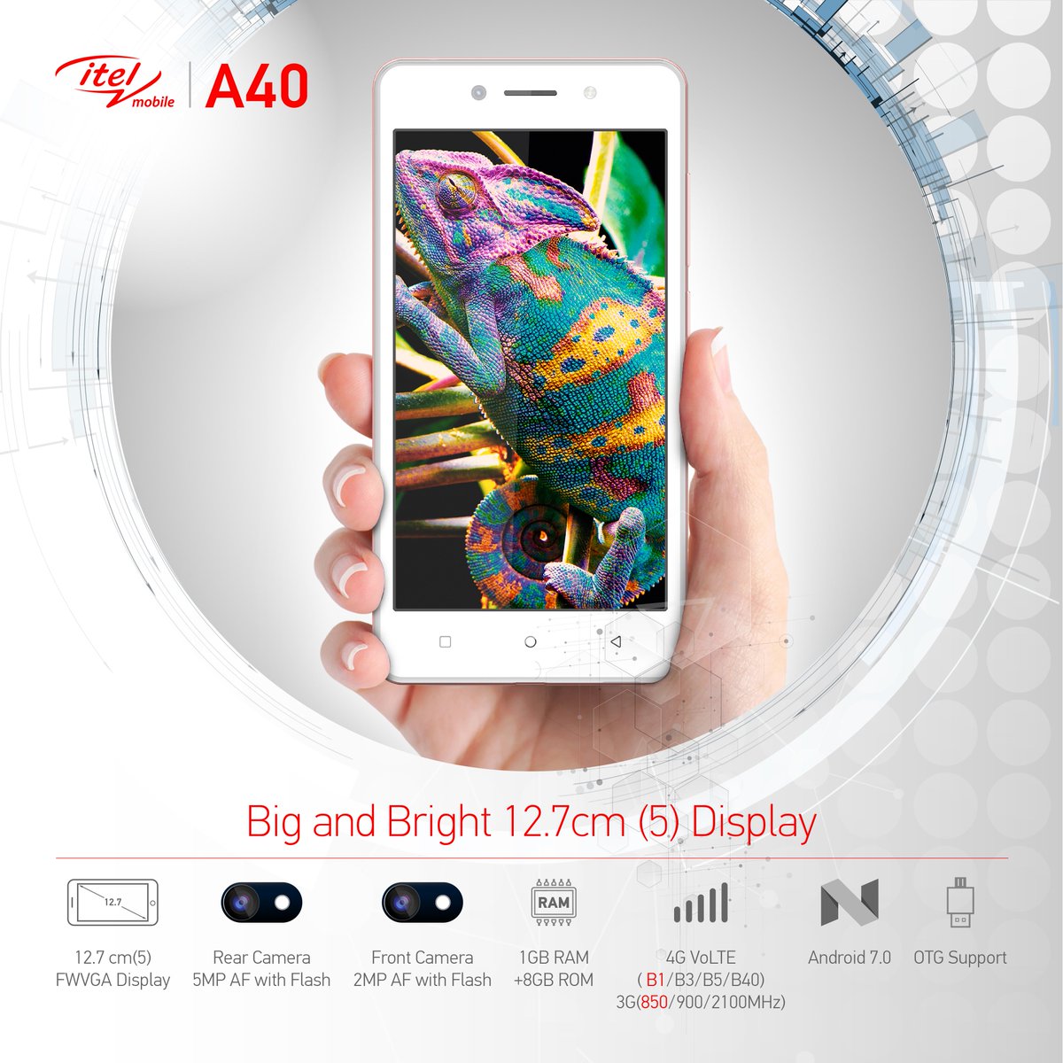 itel_india's tweet photo. Experience the smarter world with itel A40 which comes with 12.7cm(5) Big & Bright Display, Android 7.0, 4G VoLTE, 5MP rear camera with flash, OTG Support and much more.
#itelA40 #itelmobile #RightToProgress #ExperienceTheSmarterWorld https://t.co/Q3Kxavi8zz