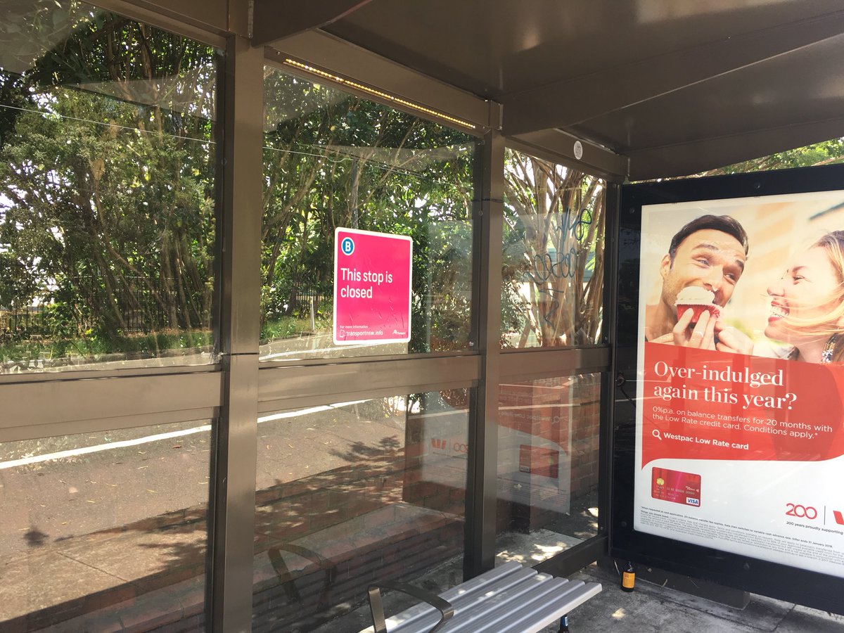 AlboMP's tweet photo. In preparation for Inner west bus privatisation the NSW Govt are closing bus stops - near Marrickville West PS they have closed the stop that actually has a bus shelter and left the stop with a (wrong) signpost #genius https://t.co/aZ13UwKeHV