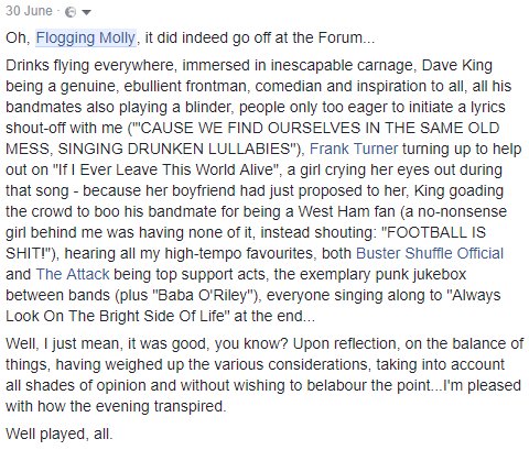 SphericalManor's tweet photo. Favourite gig of 2017? Tough choice but @FloggingMolly at the @O2ForumKTown is right up there. @Bustershuffle and @TheAttackFL also great that evening. Even @FrankTurner turned up and mucked in. https://t.co/fOYhMhKIaf