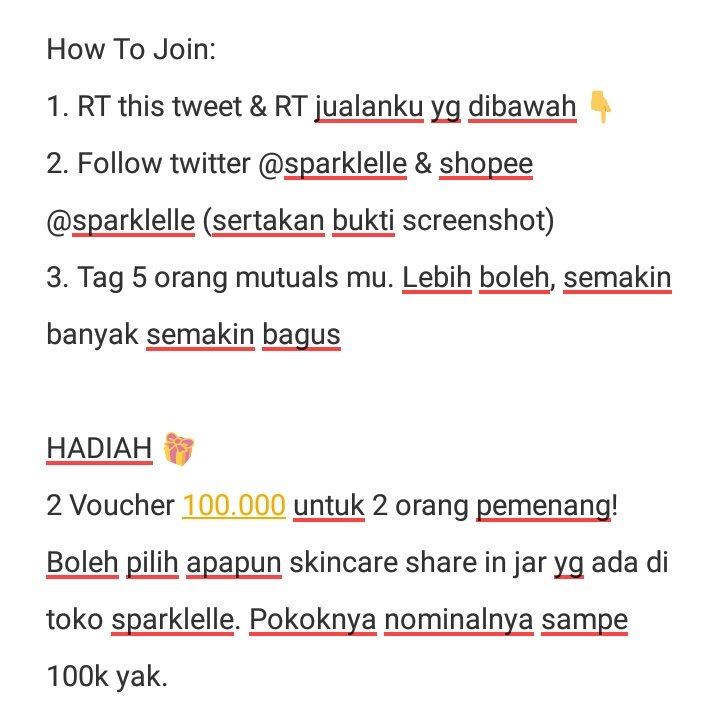 sparklelle's tweet photo. First Giveaway by sparklelle 💕🎊🎉
FOLLOW This Rules step by step, goodluck! 💕
1. RT this tweet &amp; RT jualanku yg dibawah 👇
2. Follow twitter @sparklelle &amp; shopee @sparklelle (sertakan bukti screenshot)
3. Tag 5 orang mutuals mu. Lebih boleh, semakin banyak semakin bagus https://t.co/kM3aYnSlEE