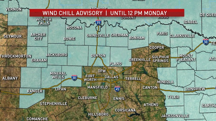 NBCDFW's tweet photo. A Wind Chill Advisory is in effect for areas surrounding Dallas and Fort Worth until 12 p.m. Monday. Get the latest weather update and road closures across DFW here. --> https://t.co/aAxbi1CRJr https://t.co/yWwtvYnNyK