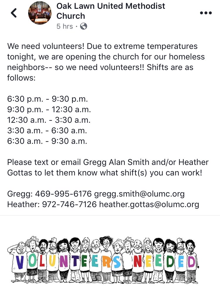 dfwhomeless's tweet photo. Oak Lawn United Methodist Church is opening their church tonight to shelter our homeless neighbors from cold temps. Need a warm place to stay? ❄️💨 #SolutionsNOW #SolutionsForDallasHomeless https://t.co/JqXw7GrCHc