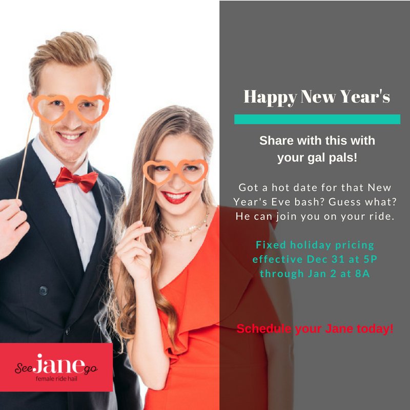 SeeJaneGoInc's tweet photo. Jane loves men! Guys can join their gals for the ride. Women grab the app gals &amp; hail a ride or schedule one in advance. What better way to ring in the #NewYear? https://t.co/2C0iVjOrv6 #HailYes! https://t.co/Lr3e4eElnG