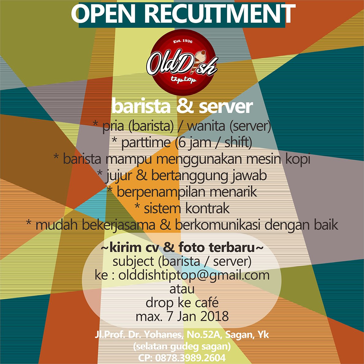 olddish1936's tweet photo. @infojogja barista &amp; server | co/ce | parttime | pengalaman | max.30th | jl.dr.yohanes, sagan | max.7/01 #jogjalowker https://t.co/cprnOEo9vg