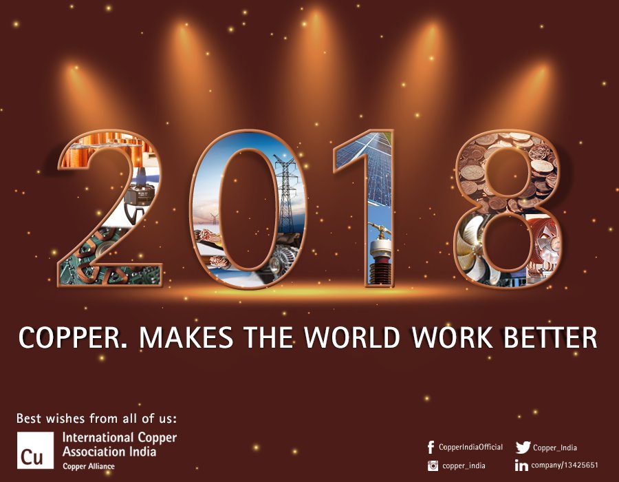 Copper_India's tweet photo. We wish you a prosperous, safe and sustainable 2018. Happy New Year from the International Copper Association India.
#Copper #WhyCopper #CopperForAll #EVs #ElectricVehicle #ElectricVehicles #HappyNewYear #Happy2018 https://t.co/mHB6DJJokg