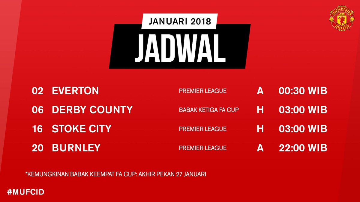 ManUtd_ID's tweet photo. Jadwal pertandingan #MUFC di bulan pertama tahun 2018... 🔴 https://t.co/WtXur9HGQH