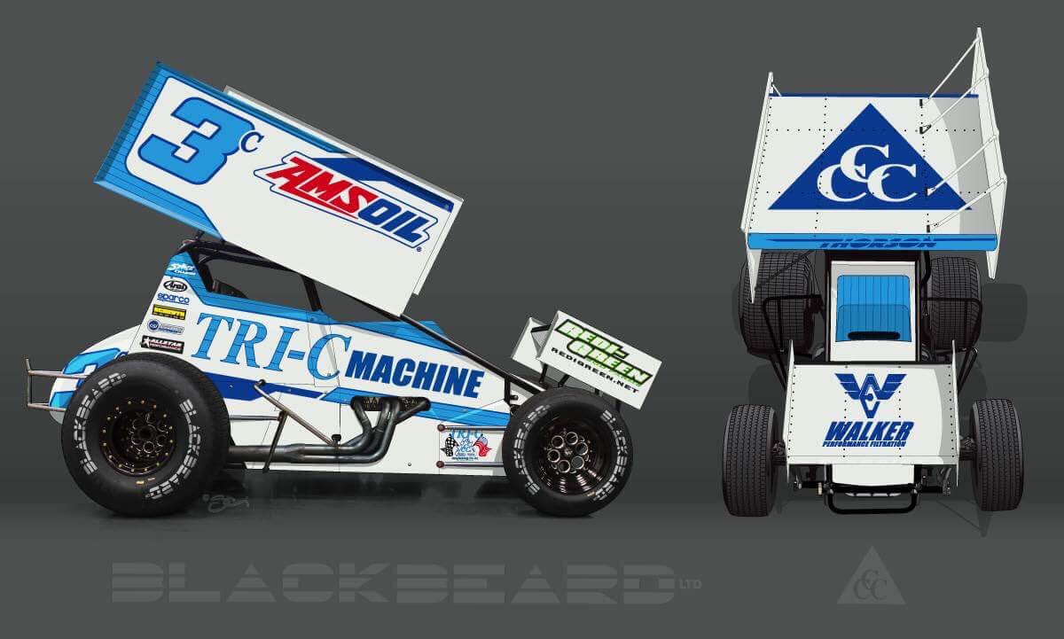 Tanner_Thorson's tweet photo. Happy New Year! Here is a look at our 2018 car. New look for the Tri-C Machine #3C Excited to get this girl down to Vegas with the @woosprint ! Thank you @blackbeardltd for doing an awesome design once again! #newyearnewdesign https://t.co/t30eV944bk