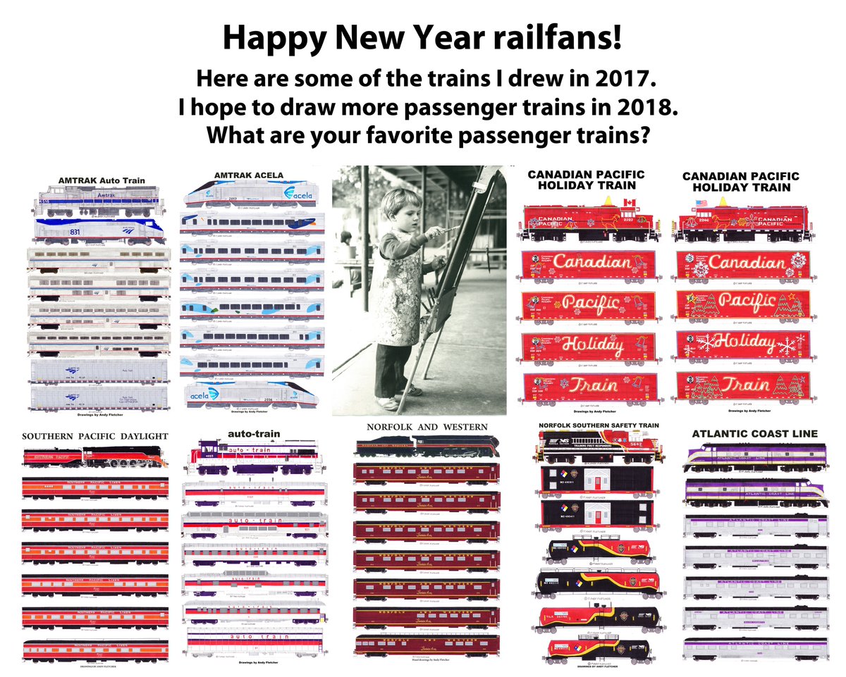 CustomTrains's tweet photo. #HappyNewYear2018 #railfans! I've been drawing most of my life. In 2017 I drew  @Amtrak's #Acela &amp; #AutoTrain, @CanadianPacific's @CPHolidayTrain 🇺🇸🇨🇦, @nscorp's #SafetyTrain &amp; #NW #PowhatanArrow @ORHF_PDX's #SPDaylight. What #trains would you like to see me ✏️🎨 in 2018? https://t.co/BKBL6J9TTg