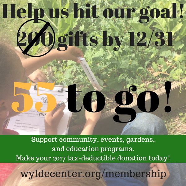 90 minutes until midnight with 55 gifts left to go to reach our goal. We are 73% of the way there. Will you help us? We hope so! Every gift to Wylde Center directly supports Decatur Farm to School.

app.etapestry.com/onlineforms/Oa…
